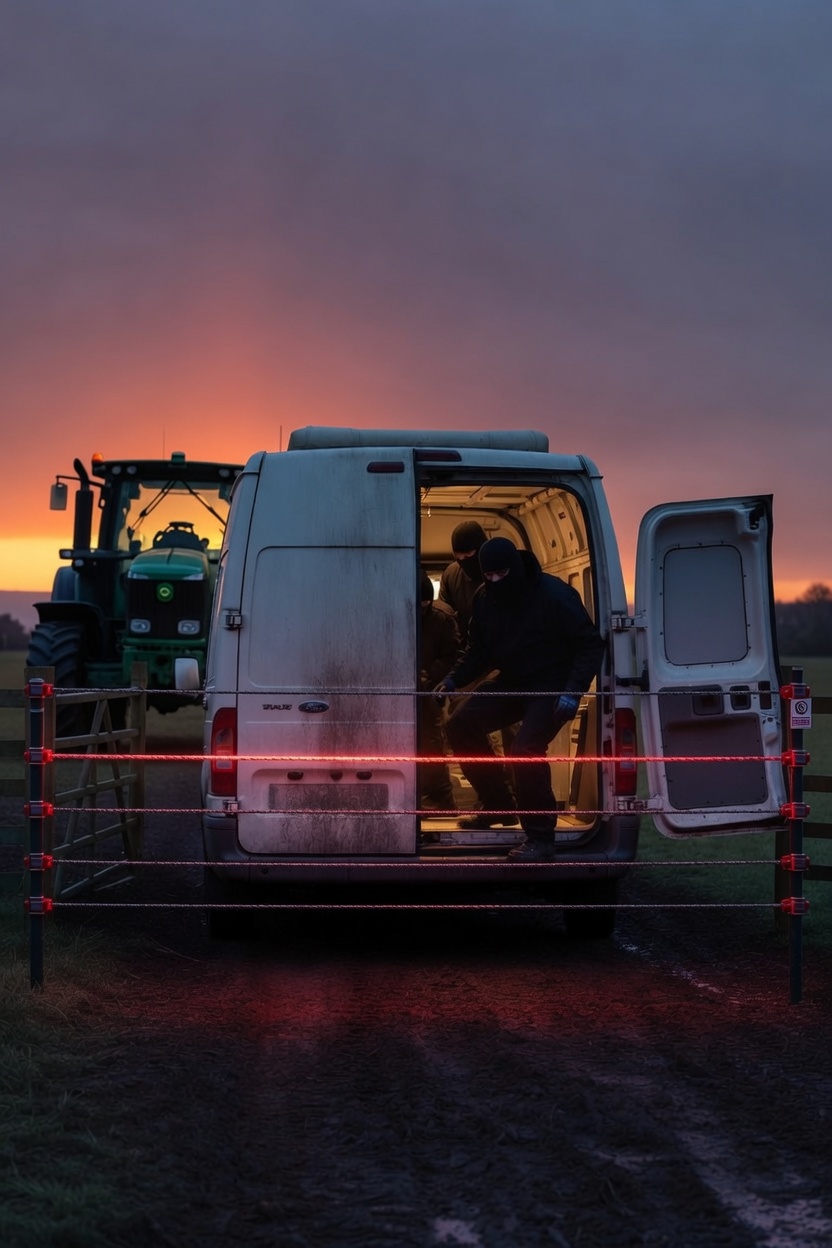 Masked intruders crossing a farm perimeter at dusk, breaking an infrared security beam