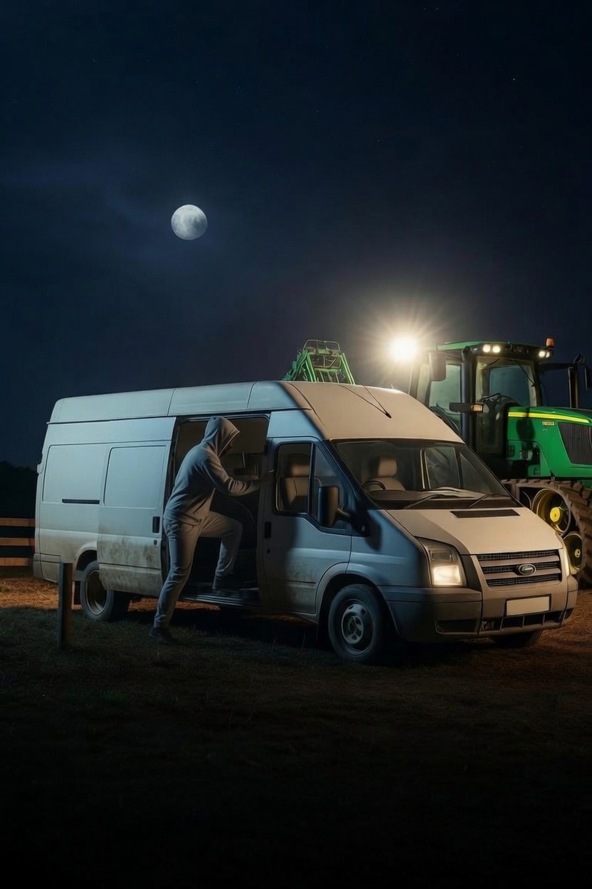 A thief loading a van at a farm gateway at night beside a tractor