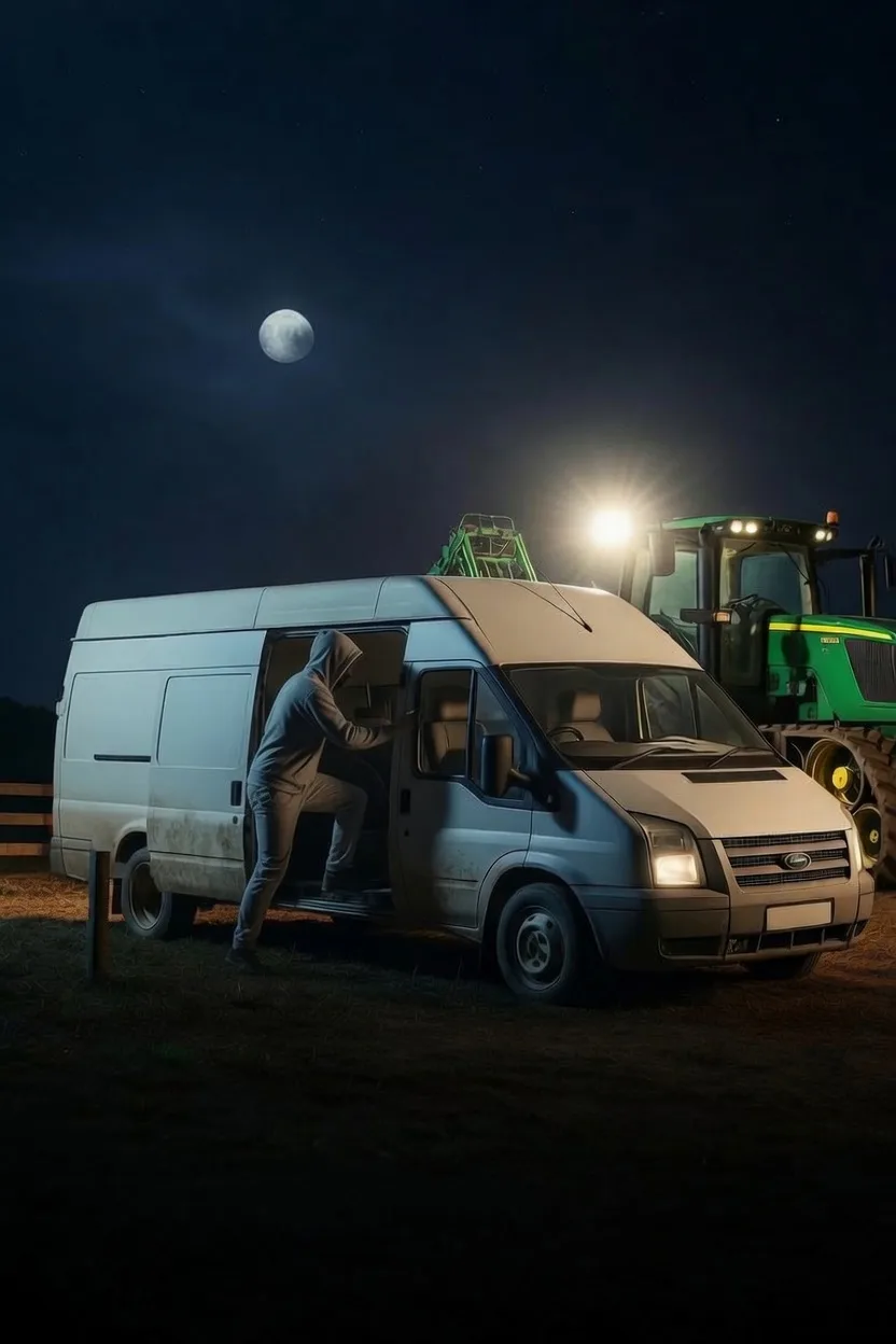 A hooded thief climbing into a van at night beside a stolen tractor on a farm gateway
