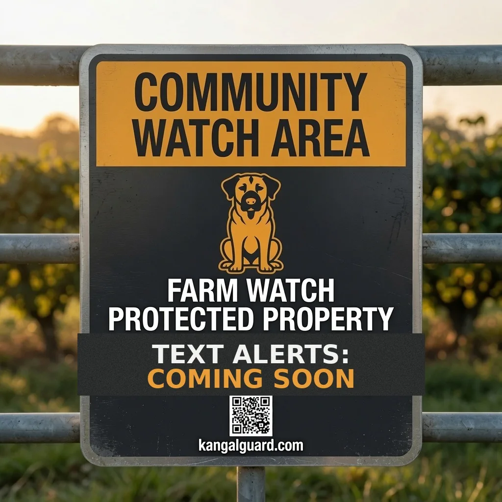 A weatherproof KangalGuard Community Watch warning sign mounted on a farm gate